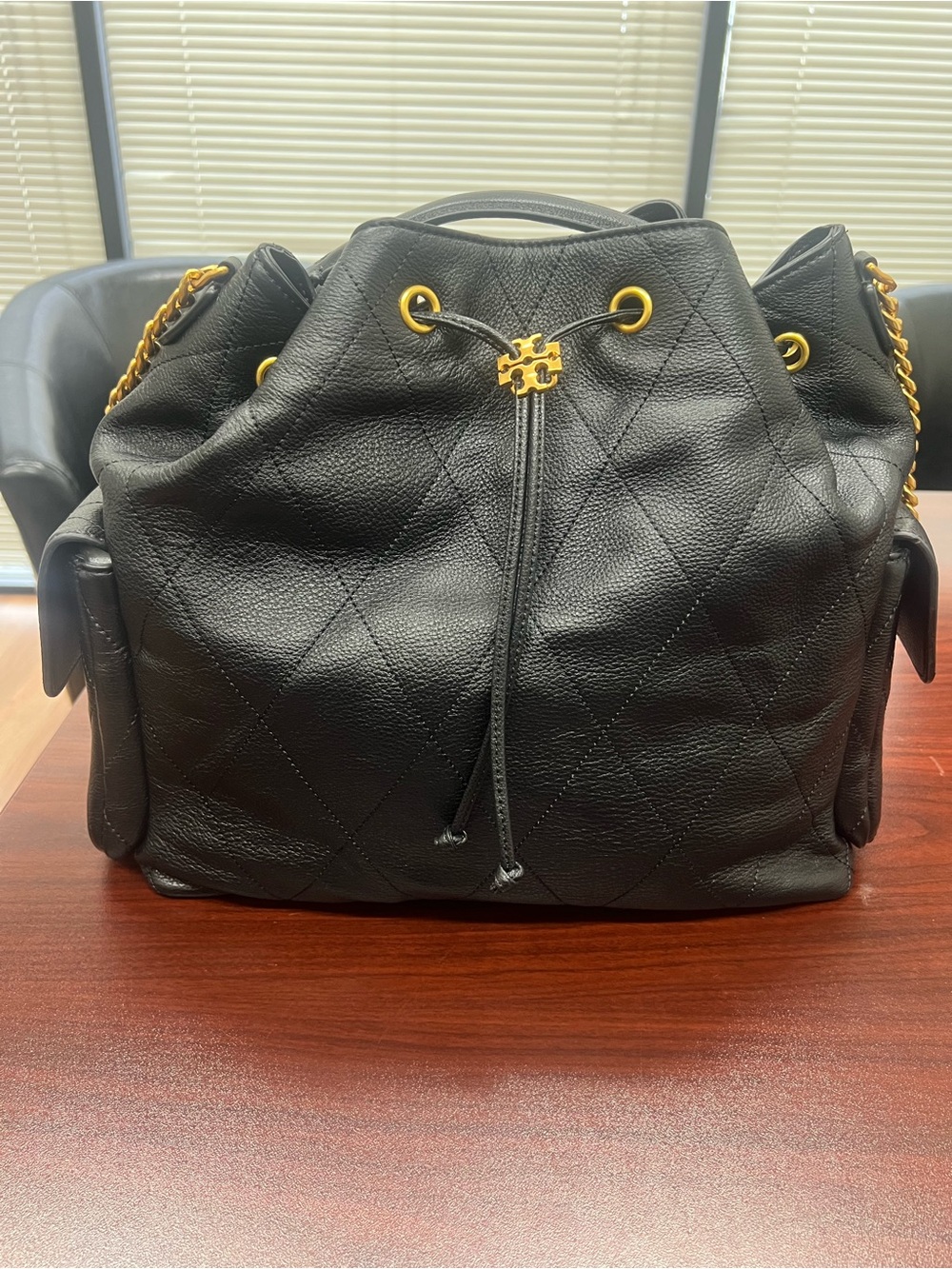 Tory Burch Black Quilted Charlie Drawstring Leather Bucket Bag